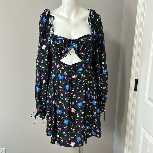 For Love & Lemons Lexy Mini Dress Long Sleeve Black Floral Jacquard XL NEW - Picture 4 of 15